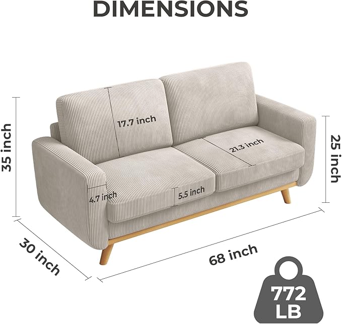 68" Light Gray Corduroy Loveseat Sofa, Comfy Deep Seat Couch with Spring Cushion & Solid Wood Frame, Modern 2-Seater Sofa for Living Room Bedroom Office