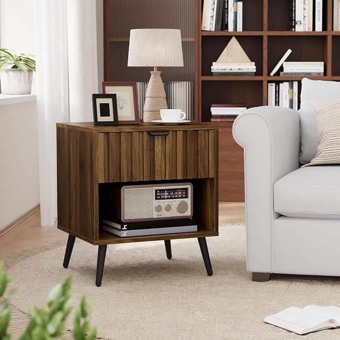 Smuxee Walnut Wooden Night Stand, Mid Century Nightstand with Fluted Drawer, Bedside Table with Open Shelf, Modern End Side Table for Bedroom - Image 3