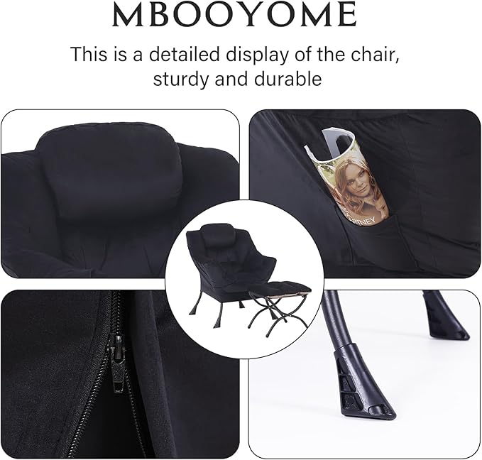 MBOOYOME Lazy Chair with Folding Ottoman, Modern Accent Lounge Armchair with Armrests, a Side Pocket & Foldable Footstool, Leisure Reading Chair for Living Room, Bedroom, Dorm & Office, Velvet Black