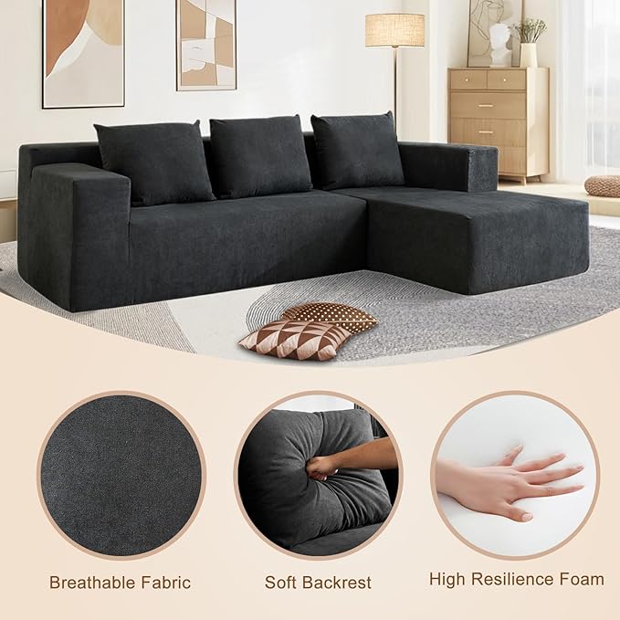 103" Boneless Sectional Couch with Right Chaise, Modular L Shaped Couches for Living Room, Large Gray Minimalist Modern Deep Seat Floor Sofa, No Assembly