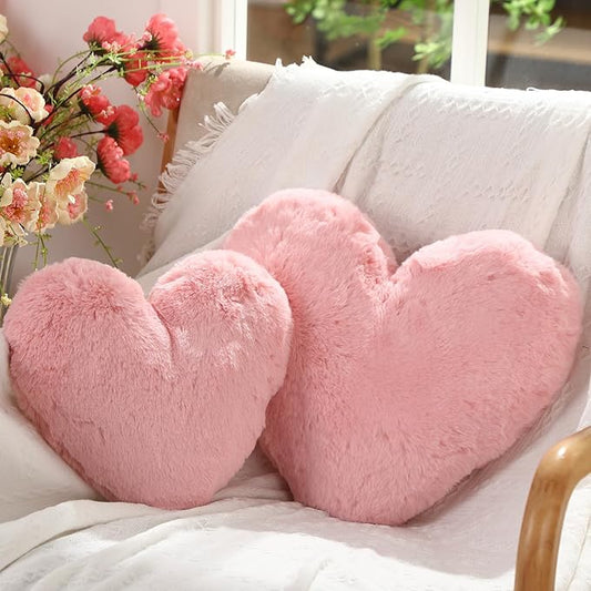 Marsui 2 Pcs Heart Throw Pillows, Soft Fluffy Faux Fur Decorative Hearts Shaped Pillows for Living Room Sofa Bed, Cute Heart Themed Gift for Women(Shrimp Pink,11.81 x 11.02, 16.73 x 13.78 Inch)
