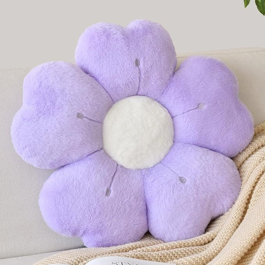 Flower Shaped Pillow, Cute Decorative Throw Pillow with Soft Artificial Rabbit Fur for Couch Bed Chair Floor, Flower Pillows Seating Cushions with Room D??cor for Bedroom Living Room (14.9" Lavender)