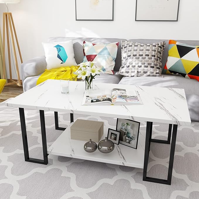 Lamerge Coffee Table, Modern Faux Marble Top Coffee Table with Metal Frame and Storage Shelf, 2-Tier Rectangle Accent Cocktail Table for Living Room, Office (White)