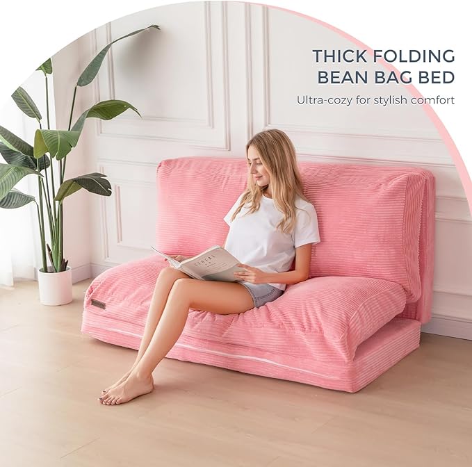 MAXYOYO Folding Sofa Bed, Extra Thick and Long Floor Sofa Convertible Sleeper Chair with Washable Cover, Floor Couch Lounge Bean Bag Bed for Living Room, Pink, 54x95 Inch