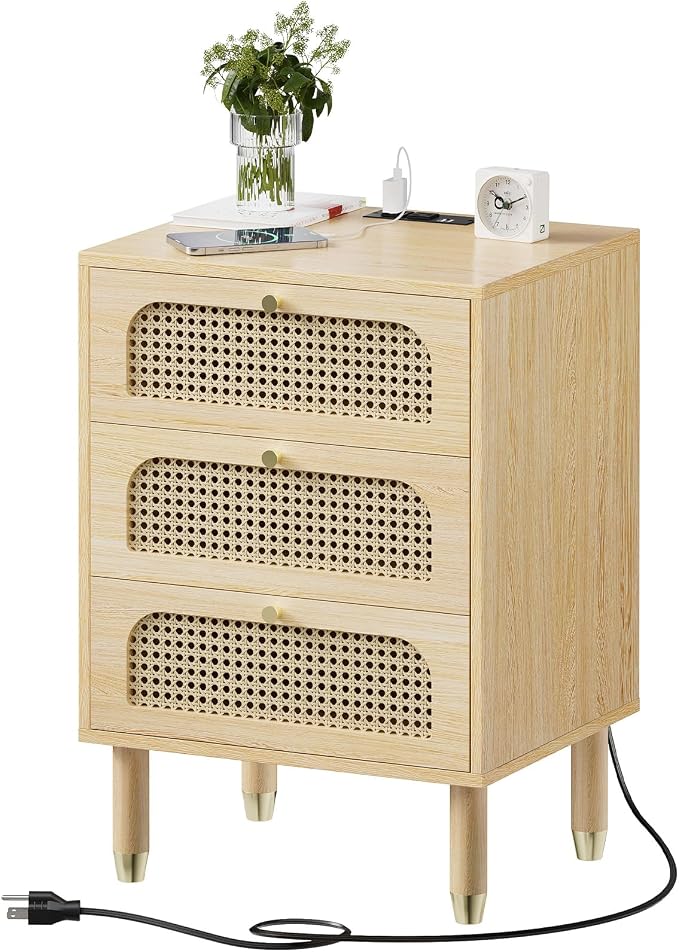 VINGLI Rattan Nightstand, 3 Drawer Nightstand for Bedroom, Boho Furniture Bedroom, 27" Tall Night Stand/End Table with Charging Station, Oak - Image 8