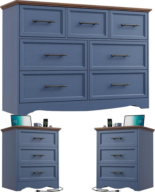 Bedroom Set, 3 Pieces Bedroom Furniture Set, Wood 7 Drawer Dresser and 3 Drawers Nightstands with Charging Station, Farmhouse Storage Organizer Cabinet for Bedroom, Blue