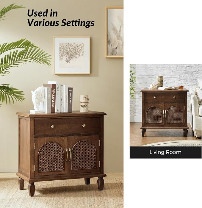 HULALA HOME End Table with Doors and Drawer, Traditional Side Table with Solid Wood Legs, Adjustable Shelf, Charging Station, Walnut - Image 6