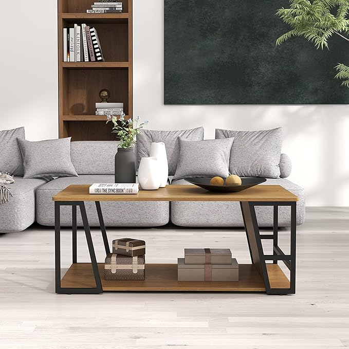 Giantex Modern Coffee Table with Storage, 2-Tier Rustic Wood Center Table with Shelf, Compartment, Metal Frame, Rectangular Geometric Living Room Table for Apartment (Oak)