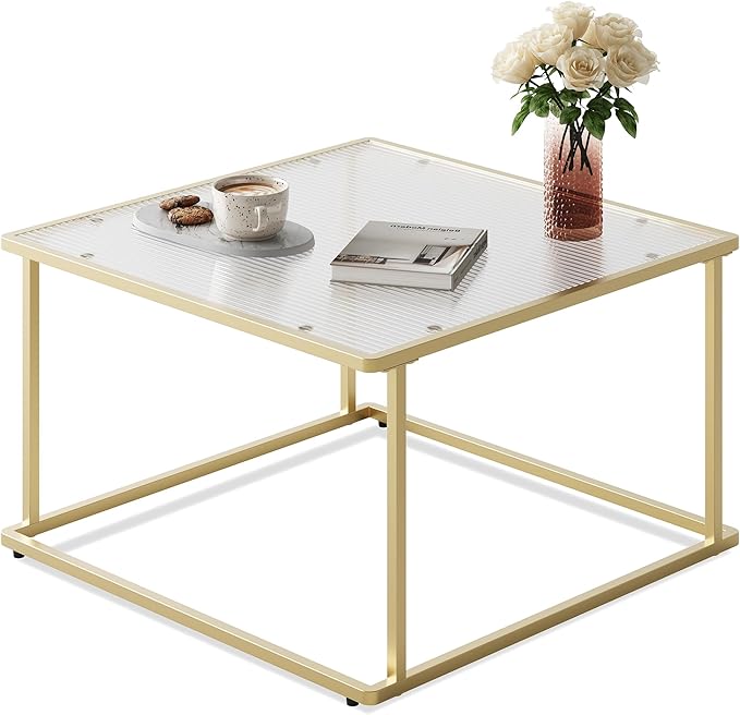WLIVE Glass Coffee Table, Small Modern Coffee Table for Living Room with Wave Textured Glass & Metal Frame, Square Center Table for Small Spaces Apartment, Office, 26.4 x 26.4in, White