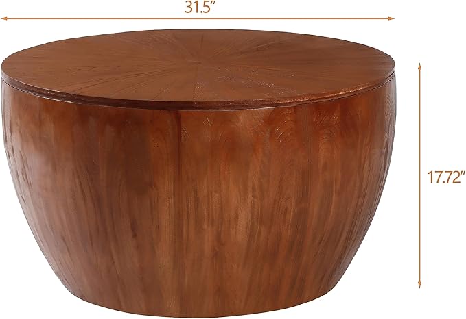 31.50" Vintage Style Bucket Shaped Coffee Table, Drum Coffee Table for Office, Dining Room and Living Room, Brown