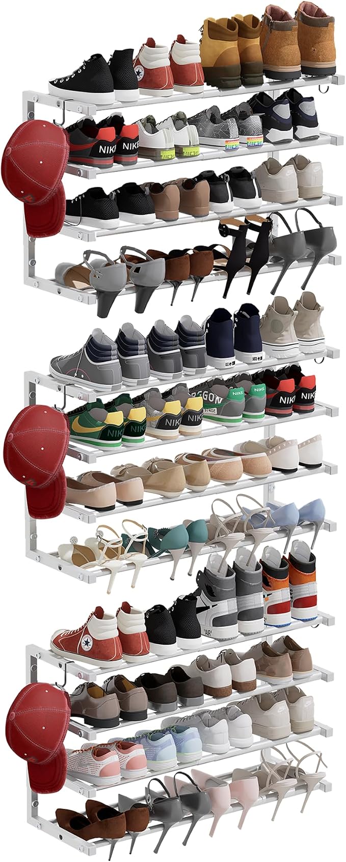 3 Pack Wall Mounted Shoe Rack, 4 Tier Hanging Shoe Rack Holds 48 Pairs, 17"-30" Adjustable Heavy Duty Wall Shoe Shelf with 6 Storage Hooks, Space Saving for Closet Entryway, White by HomeOrganizerandStorage
