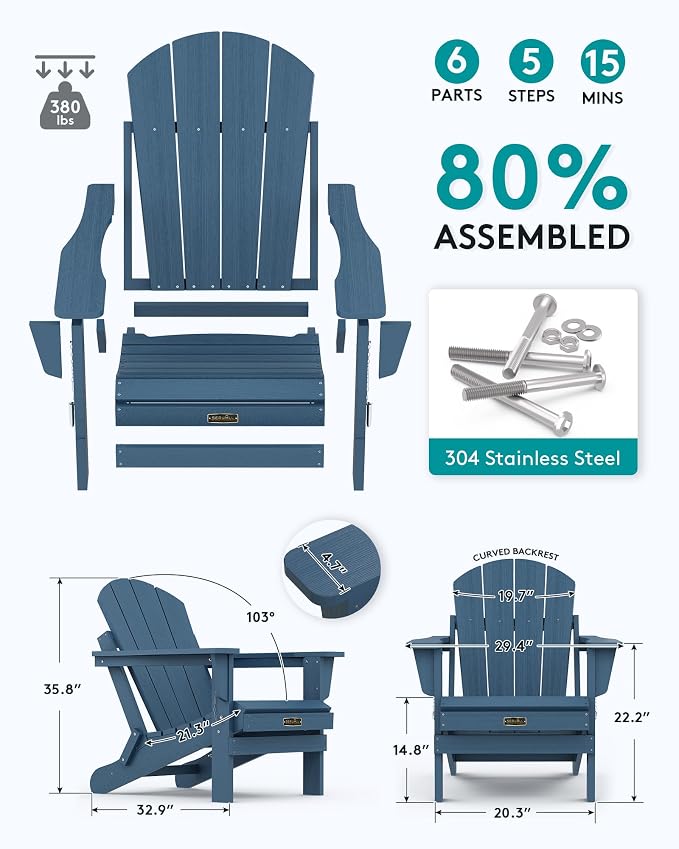 SERWALL Folding Adirondack Chair Patio Chair Lawn Chair Outdoor Adirondack Chairs Set of 6 Weather Resistant for Patio Deck Garden, Backyard Deck, Fire Pit - Blue - Image 2