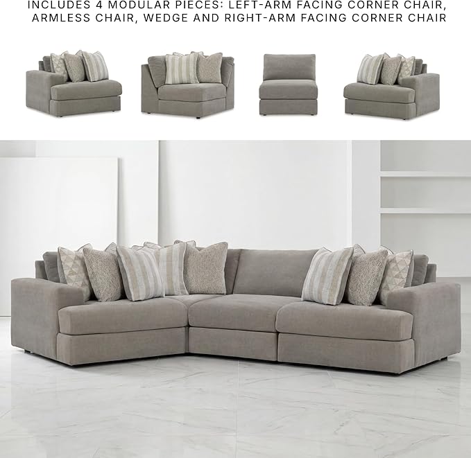 Signature Design by Ashley Casual Avaliyah Curved Left-Arm Facing 4-Piece Sectional with Reversible Cushion and Armrest, Gray