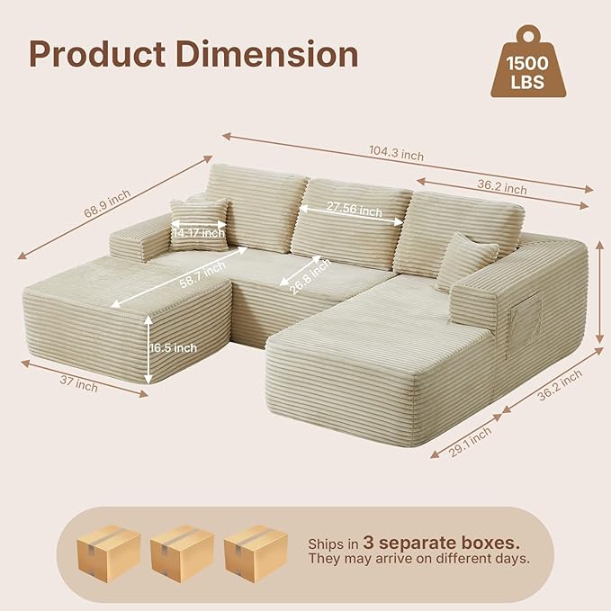 104" Boneless Modular Sectional Sofa with Reconfigurable U-Shaped Layout, No Assembly Required Compressed Sofa, Deep Seat Seating with Ottoman for Living Room, Bedroom, Apartment Beige Right