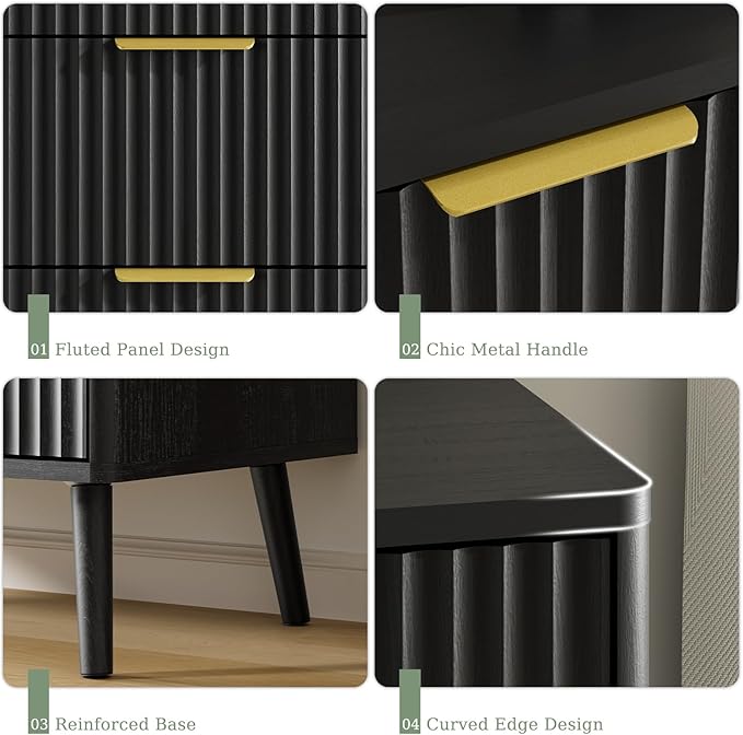 LYNSOM Fluted Dresser and Nightstand Sets 3 Piece, 5-Drawers Dresser and 2-Drawer Nightstands Set of 2, Wood Bedroom Furniture Set for Home, Bedroom, Hallway, Black