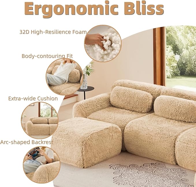 114.7" Modular Boneless Sofa, Modern Sectional Couch, U-Shape Boneless Couch for Living Room Apartments Bedroom, 32D High Density Sponge Lounge Sofa, No Assembly Required, Light Khaki