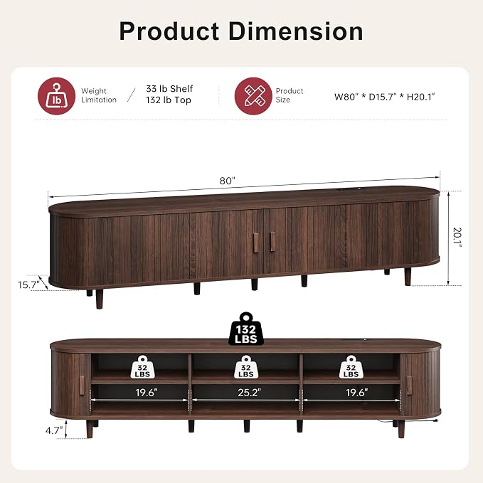 80" Mid Century Modern TV Stand, Wood TV Consoles with Sliding Doors and Power Outlet, Entertainment Center with Adjustable Shelves, Fluted TV Stands for Living Room, Walnut - Image 3