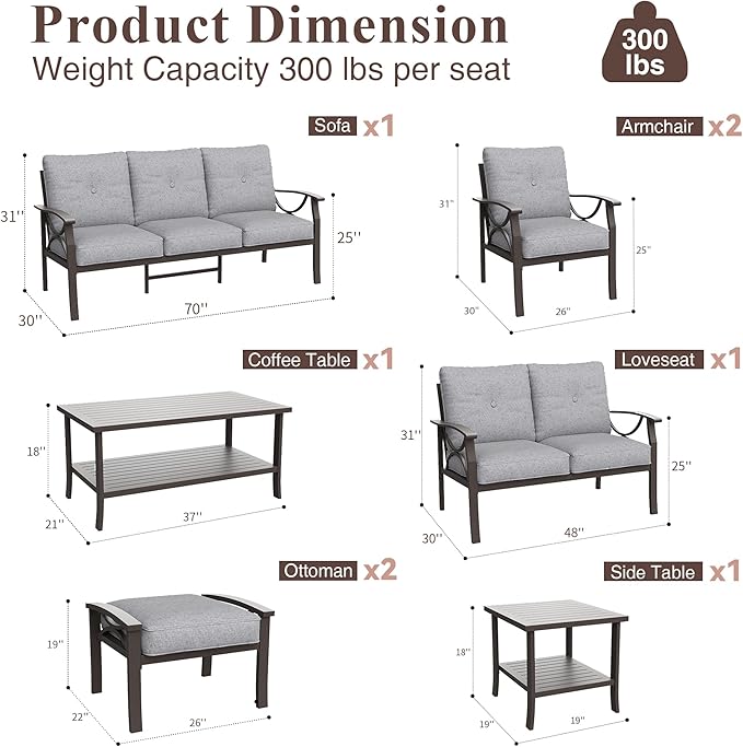 RoyalCraft Outdoor Patio Furniture Set, 8 Piece Patio Conversation Set with Coffee Table Side Table and Ottomans, Metal Furniture Set for Porch Backyard Garden, Grey