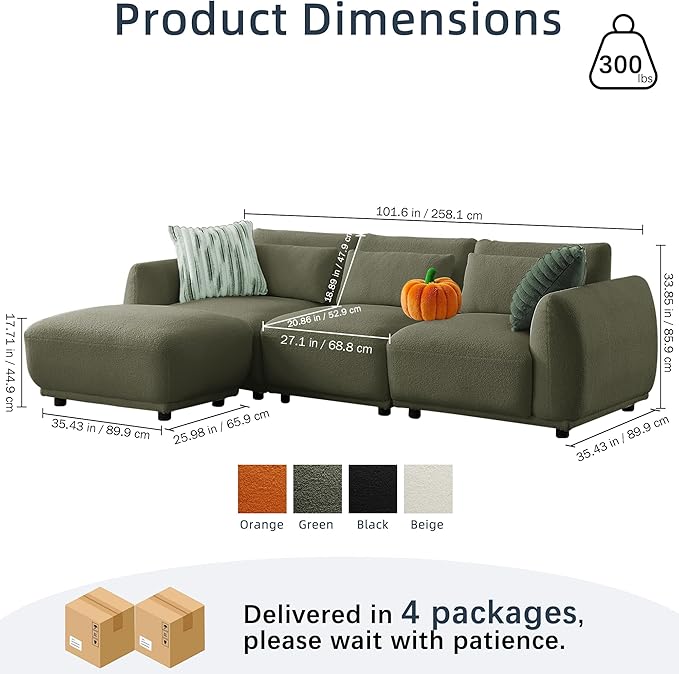 Sectional Sofa Couch, Modern U Shaped Sectional Couch with Ottoman, Modular Sectional Sofa Cloud Couches for Living Room (Green, 3 Set + 1 Ottoman)