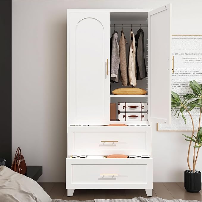 71" Metal Armoire Wardrobe Closet with 2 Drawers, Freestanding Arched 2-Door Tall Clothing Storage with Adjustable Shelves and Hanging Rod for Bedroom Dorm, White