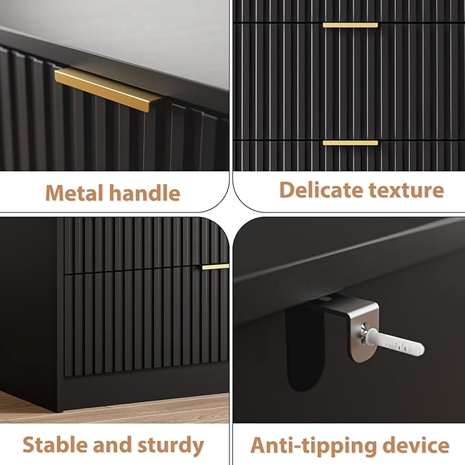 MAISONARIA 3-Piece Dresser Bedroom Set, 6 Drawer Dresser & 2 Drawer Nightstands with Gold Handles, Fluted Wood Chest of Drawers for Bedroom, Living Room, Entryway, Black