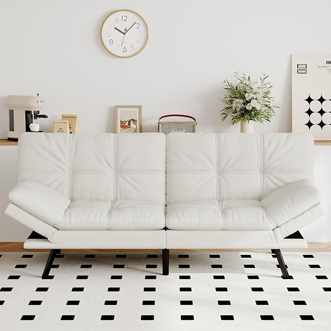 Futon Sofa Bed Convertible Couch, White Faux Leather Sofa Bed with Memory Foam, Adjustable Backrest & Armrests, Multifunctional Small Loveseat Sleeper Sofa for Living Room, Apartment, Office