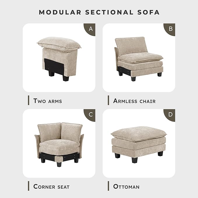 Lexicon Chenille Upholstered Rectangle Ottoman, Foot Stool, Black Faux Wood Feet, Durable Frame, Large Padded, Modular Sectional Couch Add Ons for Living Room, Bedroom, Assembly Required, Light Taupe