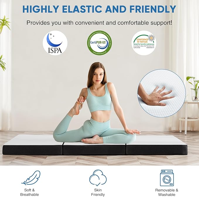 OLIXIS Tri-fold Memory Foam Mattress - 3 Inch Twin Size Portable Floor Bed, Foldable Mat for Kids and Adults, Collapsible and Washable Cover with CertiPUR-US Certified, for Travel & Camping & Yoga
