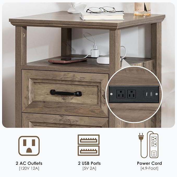 HOMMPA 18'' Farmhouse Nightstand with Charging Station, Bedside Tables with Open Shelf, 2 Drawers End Table Dresser Side Table, Wood Night Stand for Bedroom, Rustic Greige - Image 3