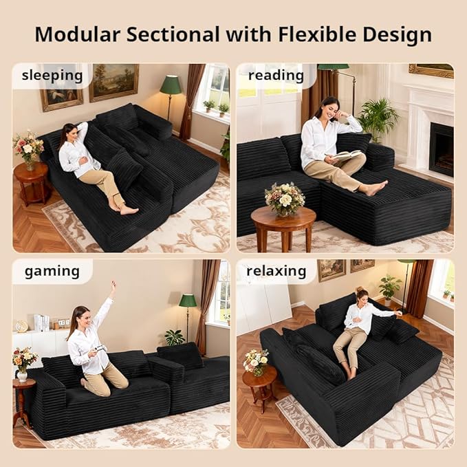 COMHOMA 105”Modular Sectional Sofa with Deep Seat,Cloud Upholstered L-Shape Couch Wide Arms Corduroy Fabric High-Density Foam Chaise Lounge for Living Room No Assembly Required