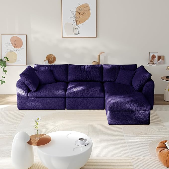 108" Modular Sectional Sofa Boneless Cloud Couch for Living Room, L Shape Deep Seat Recliner Sofa with Ottoman, Adjustable Backrest & 2 Throw Pillows - Covers Washable, (Purple, 3 Seater+1 Ottoman)