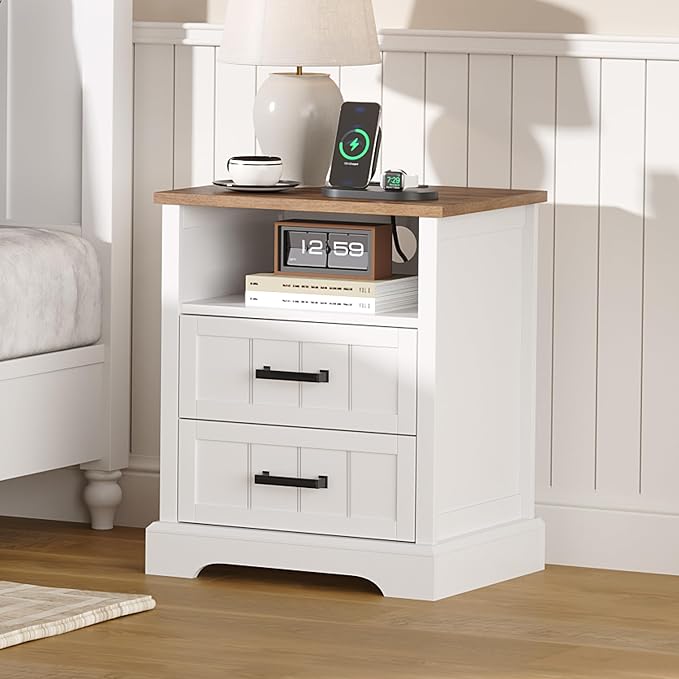 ChooChoo Farmhouse Night Stands with Charging Station, Wood Nightstand Set of 2 with 2 Drawers, Bedside Table with Open Storage Shelf for Bedroom, White - Image 4