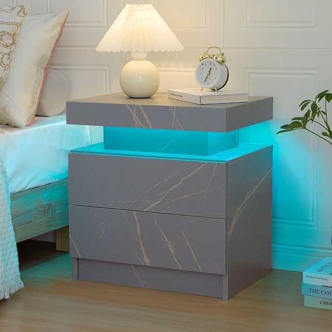 Bingoday LED Nightstand,Modern Night Stand with 2 Drawers,Bedside Table with LED Lights,End Side Table for Bedroom - Image 3