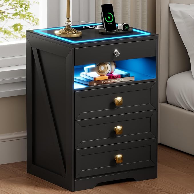 WOOVIVS LED Night Stand with Gun Drawer for Bedroom, Modern Nightstand with Wireless Charging Station for Livingroom(Black) - Image 8