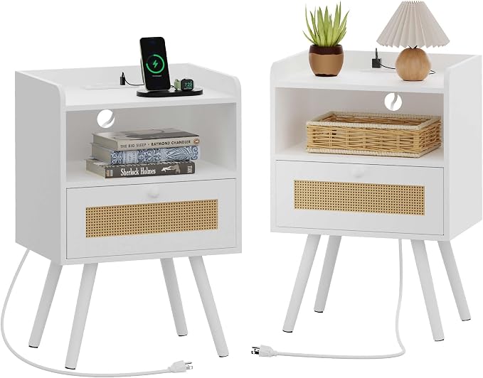 SUPERJARE Nightstands with Charging Station, Bedside Table Set of 2 with PE Rattan Drawers, Rattan Side Table with Storage & Solid Wood Feet, End Table for Bedroom, White by SUPERJARE