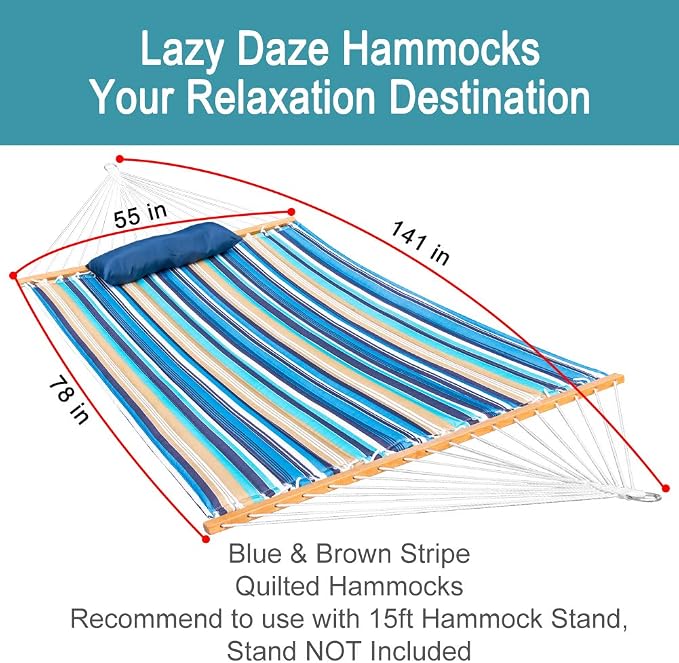 Lazy Daze Hammocks 12 FT Quilted Fabric Double Hammock with Spreader Bars and Detachable Pillow, 450lbs Weight Capacity - Image 3