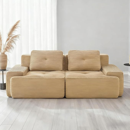 Casaphoria 80'' Corduroy Couch Sectional, 2 Seater Boneless Couches for Living Room, Camel Modular Cloud Sofa with 2-Pillow, Extra Deep Seat Sofa with No Assembly