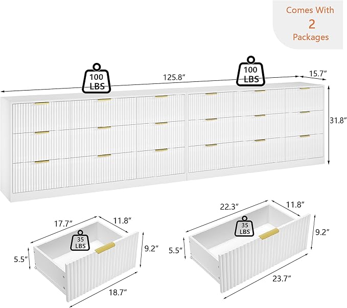White Dresser Set of 2, Long Dresser for Bedroom Wooden with 18 Drawers, Fluted Modern Bedroom Furniture Set, TV Stand Dressers & Chests of Drawers for Closet (15.7"D x 125.8"W x 31.8"H)