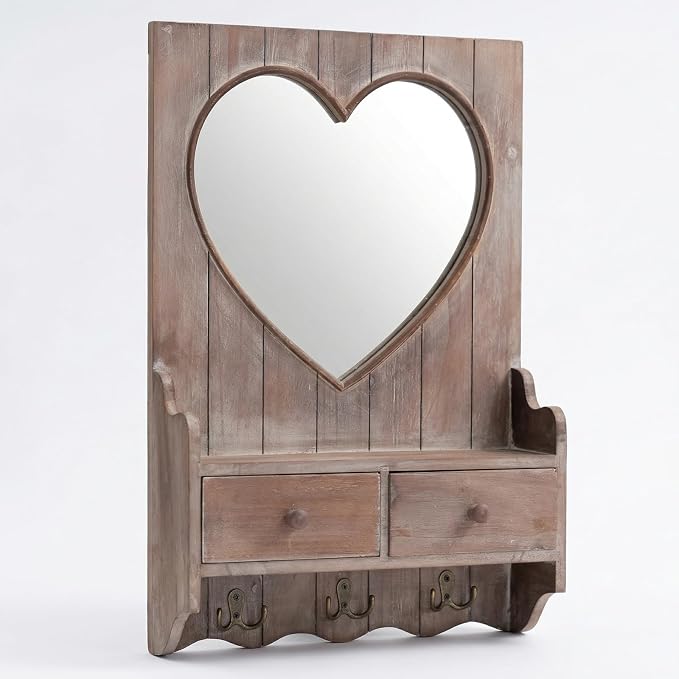 Rustic Farmhouse Wooden Entryway Mirror with Shelf and Hooks, 16"x24" Heart Shape Wood Frame Wall Mirror with Storage Drawer (Distress Brown) by NELONY