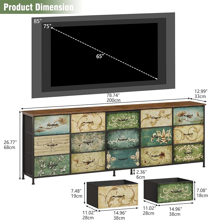 Tohomeor Dresser for Bedroom Chest of Drawers Fabric Dresser for Closet, Nursery Entryway Hall Tree TV Stand for Living Room Retro Floral Pattern Wooden Top (15 Drawers) - Image 3