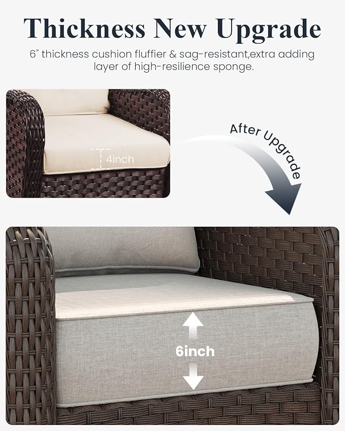 LayinSun 7 Piece Wicker Outdoor Furniture Set with 6-inch Comfy Cushions, High Back Patio Furniture Set with Swivel Rocking Chairs and Side Table
