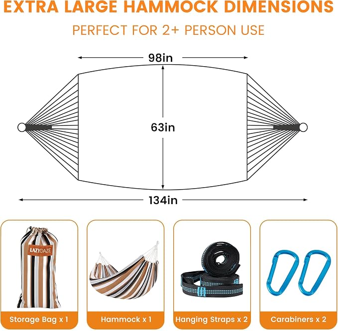 Lazy Daze Hammocks Double Brazilian Cotton Hammock, Extra Large Portable Outdoor Camping Hammock with Tree Straps & Travel Bag for Backyard Patio Poolside Indoor, 550lbs Capacity, Brown & White - Image 5