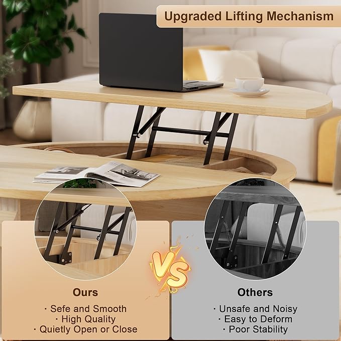 Round Lift Top Coffee Table, 31.5" Fluted Wood Accent Coffee Table with 180° Curved Sliding Door, Hidden Storage, Mid Century Modern Center Table for Living Room Office Small Spaces, Oak