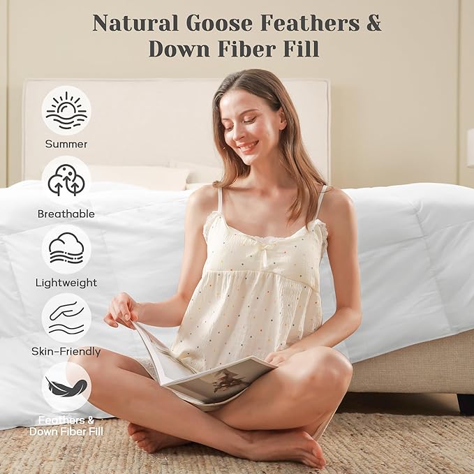 Joysoul Goose Feathers Fiber Comforter - Lightweight Ultra Soft Fabric Cover Breathable White Down Feather Fill, Queen Size Duvet Insert (88" X 88")