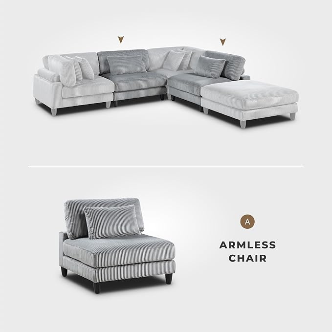 Lexicon Modular Sectional Sofa for Living Room, Corduroy Fabric Upholstery Armless Chair with Pillow, Units of Modular Sectional Couch, Upholstered Chair for Customizable Sectional Sofa Couch, Gray