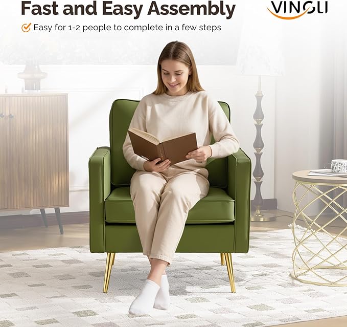 VINGLI Modern PU Leather Accent Chair, Single Sofa Chair with Pocket Coil Seat, Metal Backrest & Solid Wood Frame, Upholstered Armchair for Living Room, Bedroom or Office