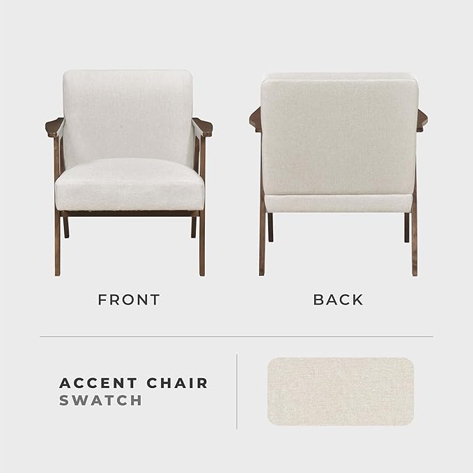 Lexicon Mid Century Modern Accent Chair, Upholstered Lounge Armchair, Single Sofa Seat, Brown Finish Solid Wood Framed Comfy Side Chairs for Living Room/Bedroom/Office/Waiting Area, Beige
