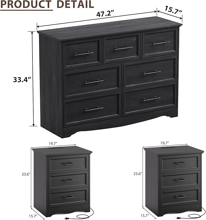 Bedroom Set, 3 Pieces Bedroom Furniture Set, Wood 7 Drawer Dresser and 3 Drawers Nightstands with Charging Station, Farmhouse Storage Organizer Cabinet for Bedroom, Black