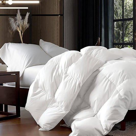 Luxurious Full/Queen Goose Down Comforter, Unique White Solid, 600 Thread Count, 100% Egyptian Cotton Cover, 70 Oz Fill Weight, 750 Fill Power