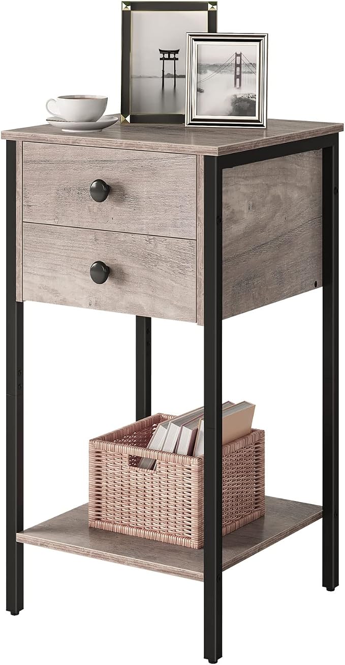HOOBRO Tall Nightstand, End Table with 2 Drawers and Storage Shelf, Industrial Telephone Side Table for Study, Bedroom, Space Saving, Easy Assembly, Greige and Black BG72BZ01 - Image 8